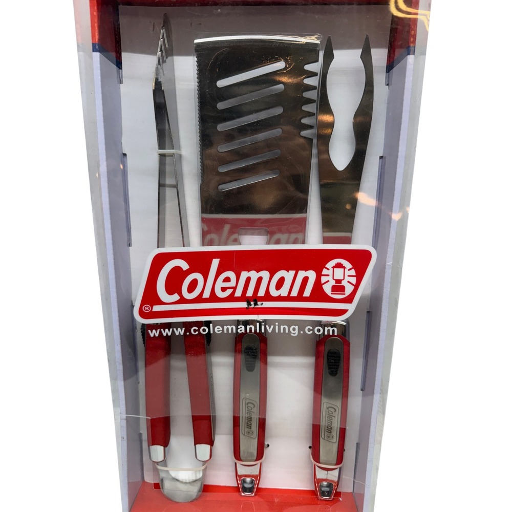 Coleman 3-Piece BBQ Tool‎ Set.  Stainless Steel With Rubber Handles